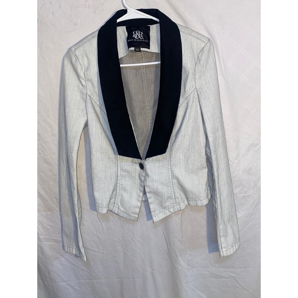 Rock & Republic Denim One Button Gray Stretchy Black Collar Blazer Women Size 6